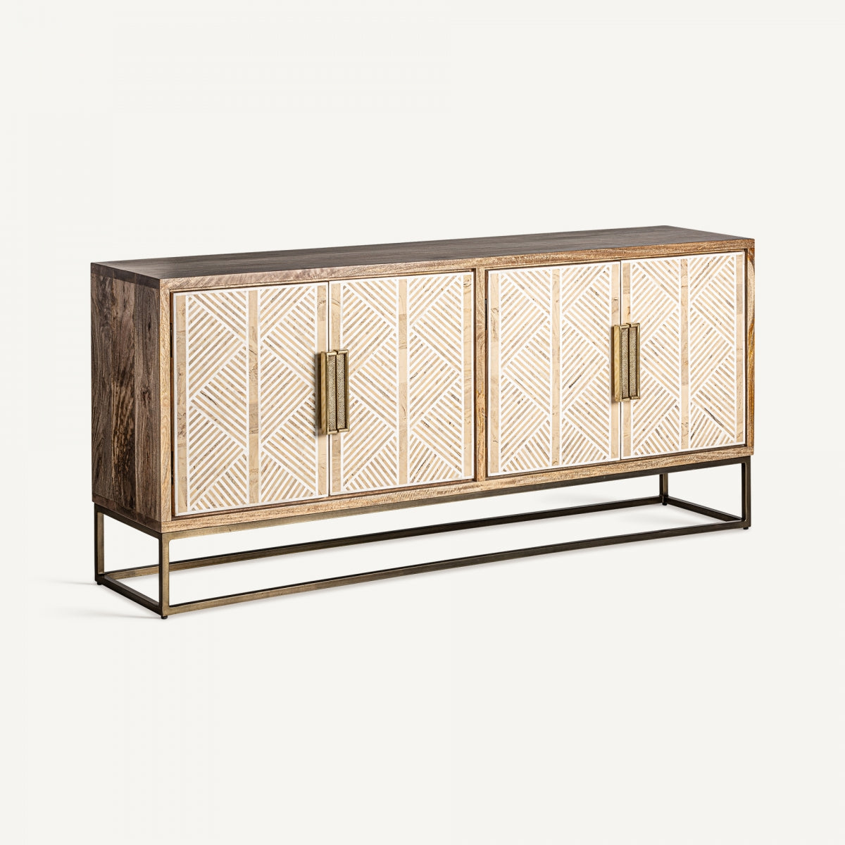 Aparador en madera de mango Laugna (180x40x81 cm) de diseño moderno, con puertas rectangulares en crema y madera natural, tiradores metálicos y base minimalista. Aporta elegancia y estilo a cualquier espacio.