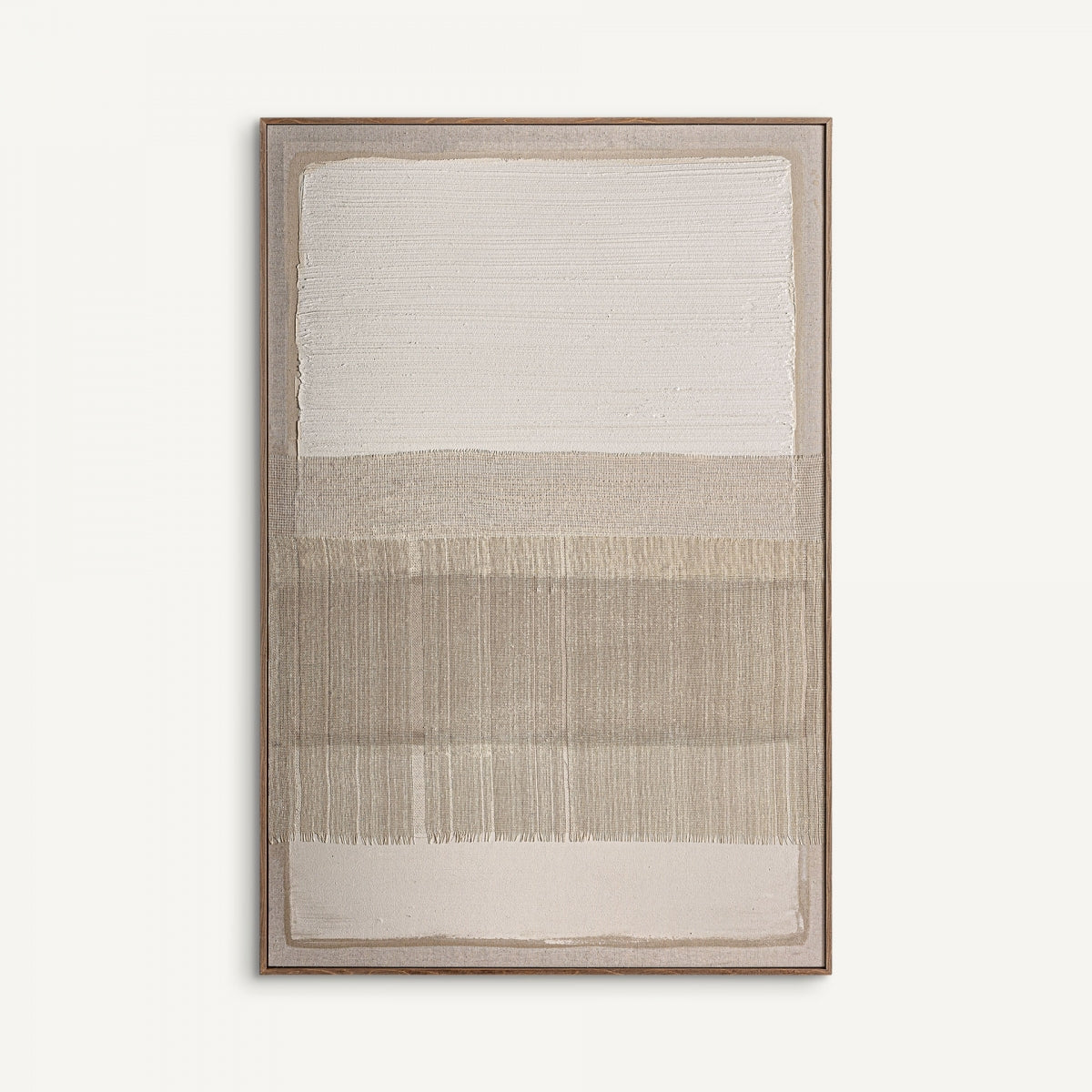 Cuadro moderno lienzo madera Darcy (80x120 cm) de estilo nórdico, con secciones horizontales en beige y crema, líneas sutiles y textura. Perfecto para amantes del arte contemporáneo.
