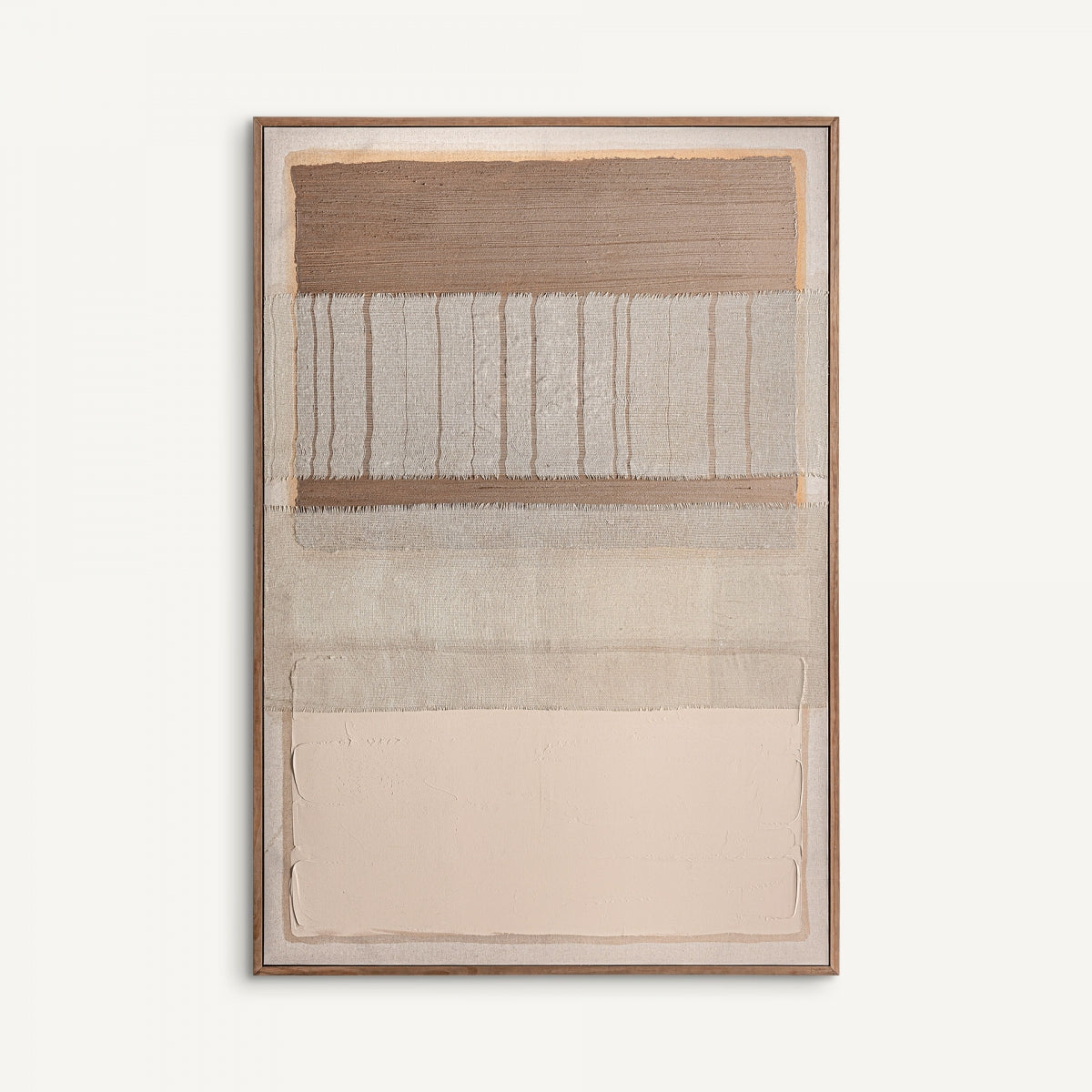 El Cuadro lienzo colores marrones (150x220 cm) Dalmar presenta secciones horizontales en beige, tan y crema con líneas texturizadas. Perfecto para decoración moderna y fabricado con materiales de alta calidad.