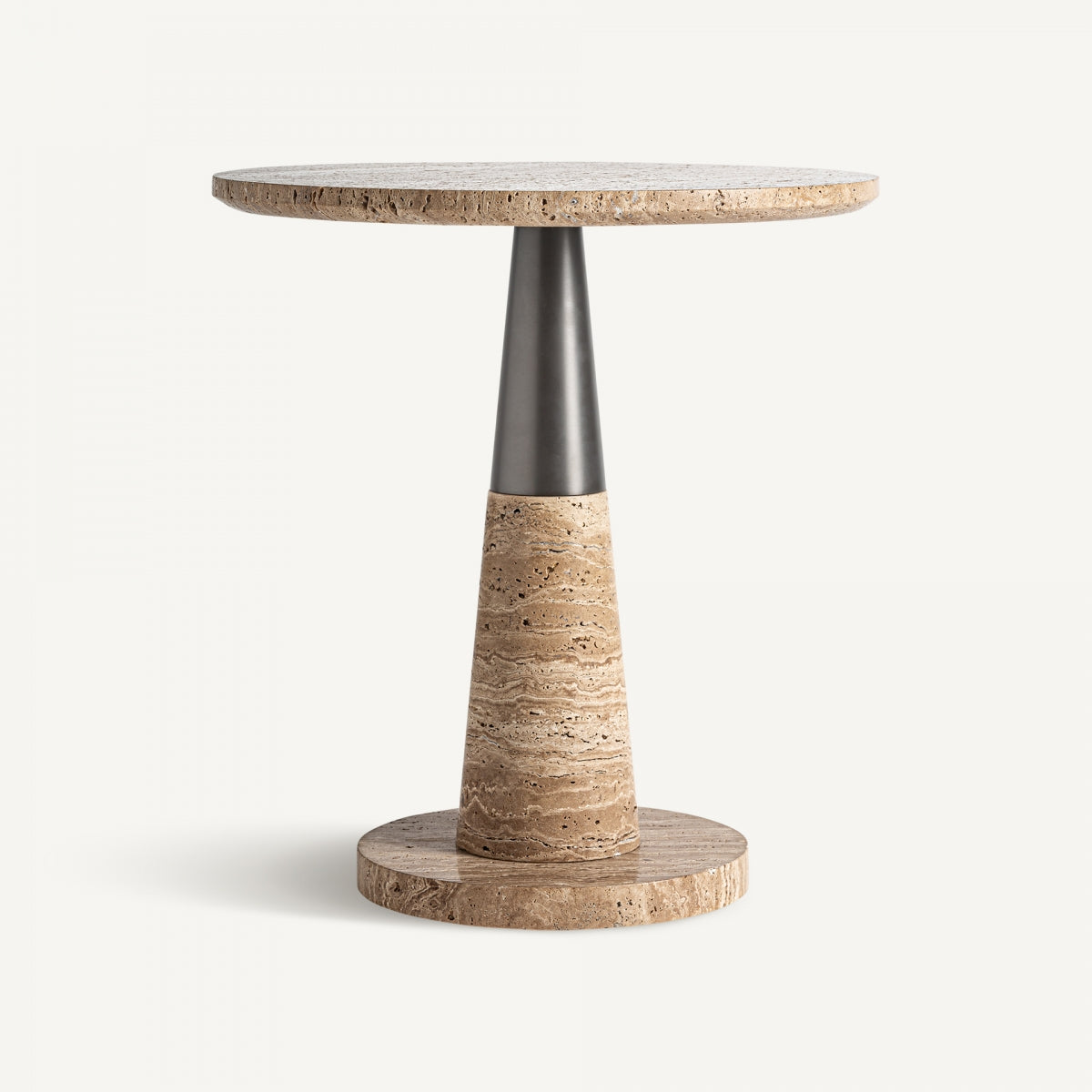 La mesa auxiliar en bronce y mármol Rust presenta un diseño redondo de madera con una cubierta de mármol y una base de pedestal cónica de dos tonos, que incorpora un exquisito estilo art déco que combina elegancia y funcionalidad.