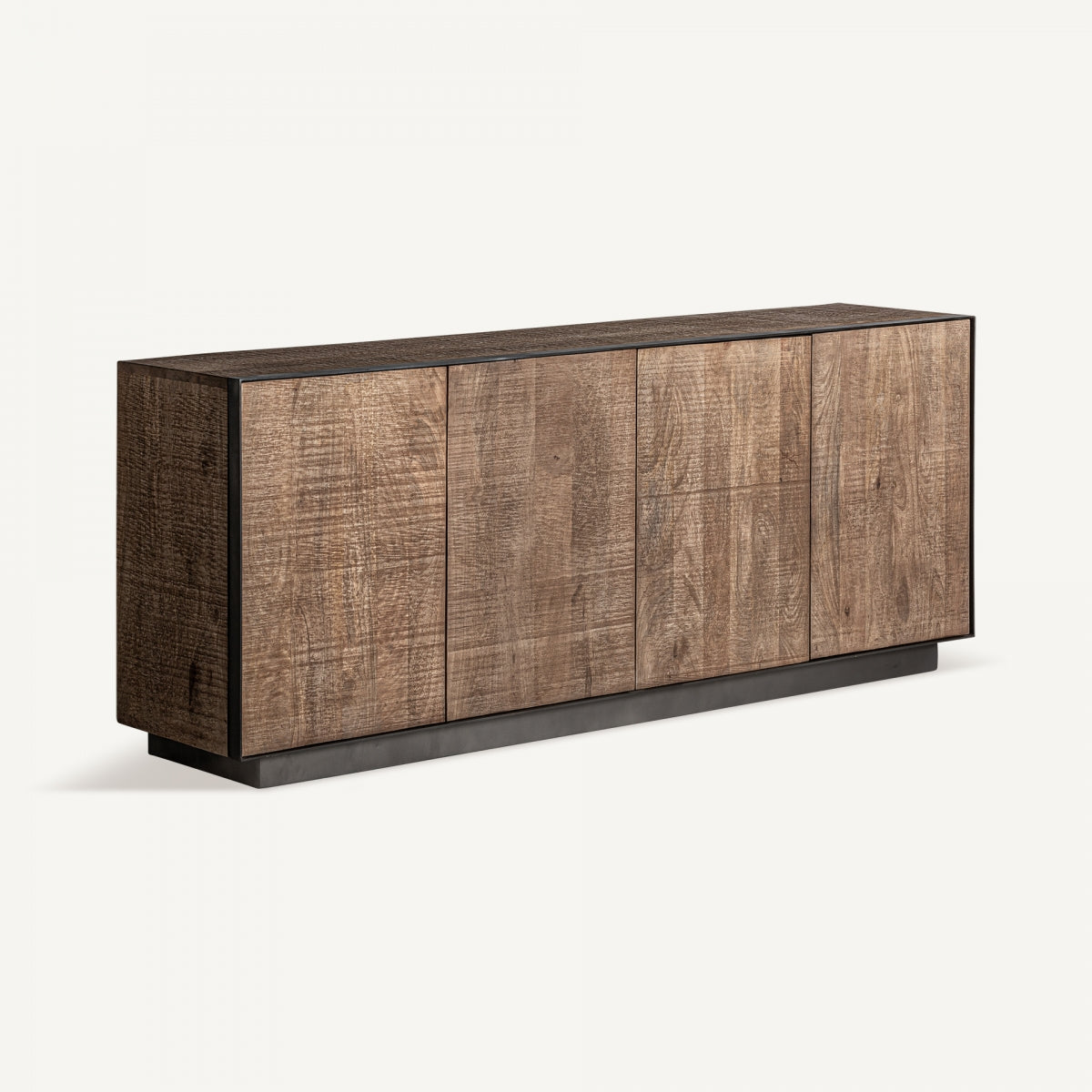 El Aparador en madera de mango (200x82 cm) Krefeld es un mueble moderno negro con cuatro puertas, elegante acabado en veta natural y base negra, presentado sobre fondo blanco.