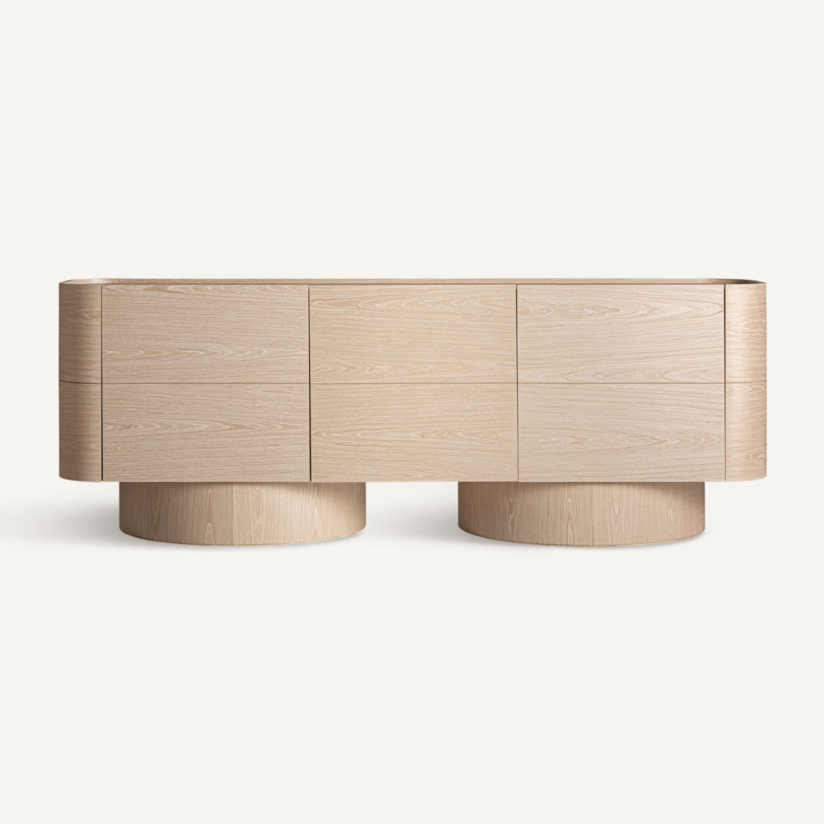 Aparador en chapa de roble Prayssac (220x45x80 cm): aparador de estética minimalista con esquinas redondeadas, dos bases cilíndricas y exclusivo diseño art déco para un almacenamiento elegante.