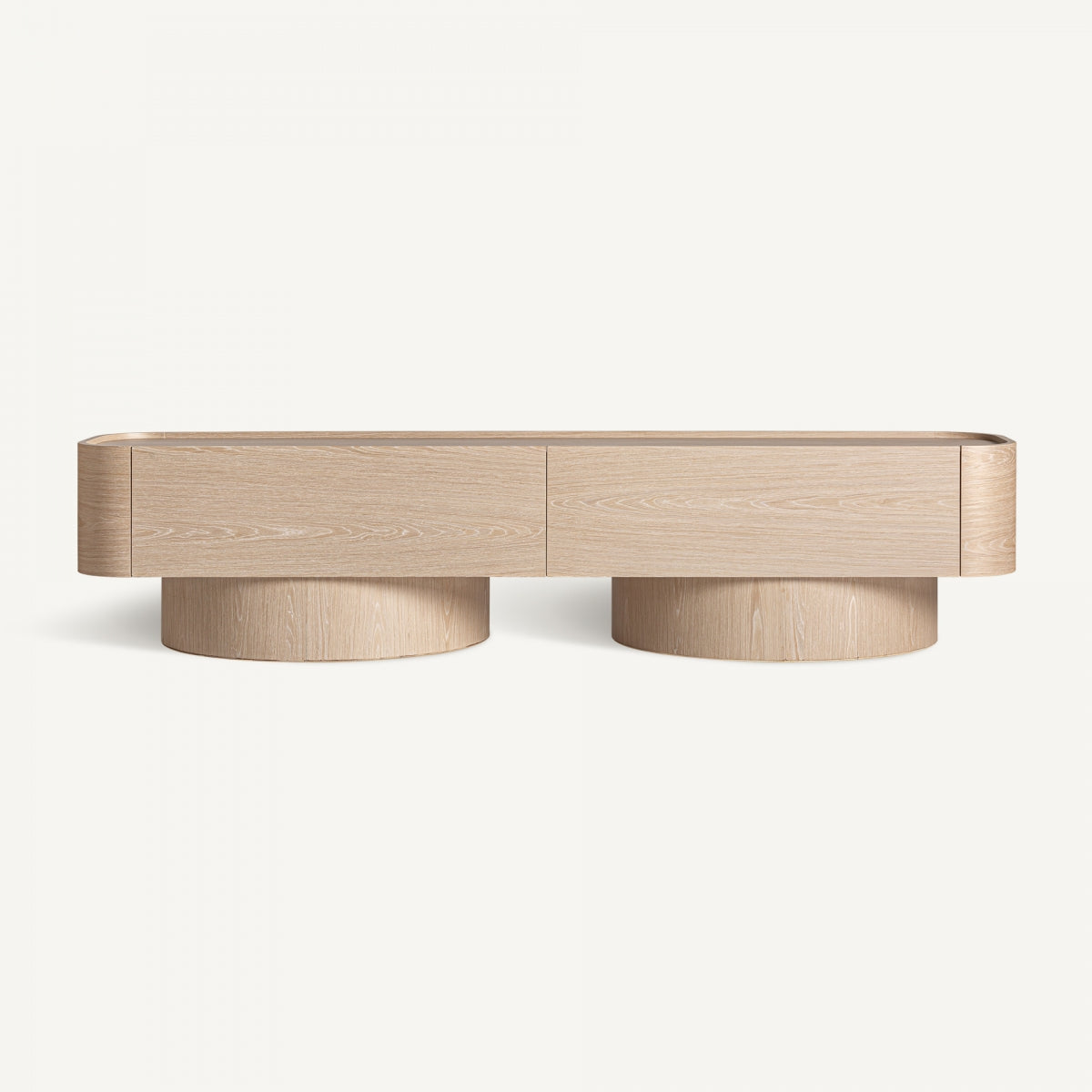 El Mueble de TV en chapa de roble y madera DM Prayssac es un moderno mueble de TV art déco de madera clara con dos cajones y bordes redondeados. Su base cilíndrica lo hace perfecto para salones elegantes.