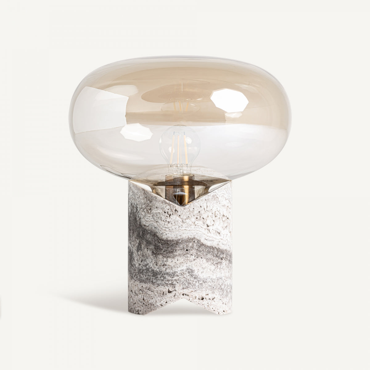 Lámpara de sobremesa en mármol y cristal Sklo con diseño Art Deco, gran pantalla ovalada de cristal y base cilíndrica de mármol gris, fotografiada sobre fondo blanco.