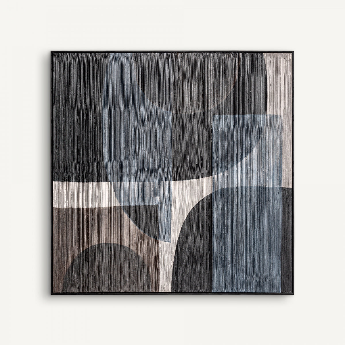 Cuadro contemporáneo en madera de pino negro (120x120 cm) Bobby: pintura abstracta con formas geométricas en negro, gris, azul y beige y líneas verticales texturizadas, ideal para arte contemporáneo y decoración interior.