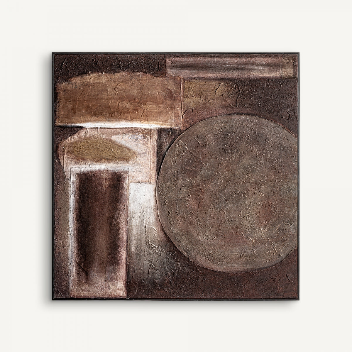 Cuadro decorativo en lienzo texturizado (141x141 cm) Enzo: pintura abstracta con formas marrón, beige y crema—círculo grande y rectángulos—sobre fondo neutro. Porta modernidad y arte a tus espacios.