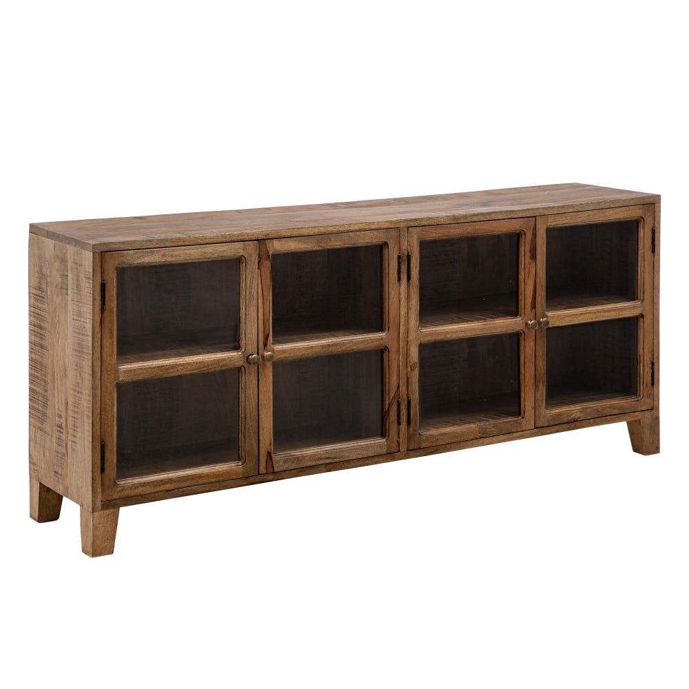 El Aparador bajo en Madera de Mango y Cristal Indy es un aparador rústico-industrial con acabado natural, que cuenta con tres gabinetes con frente de vidrio divididos en dos secciones. Es perfecto para tu sala o comedor y se apoya sobre cuatro patas cortas.