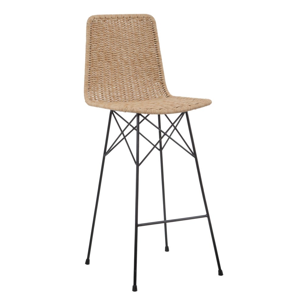 Presentamos el Taburete alto en ratán sintético y metal Priro, con un asiento de paja trenzada y elegantes patas de metal negro con barras transversales de apoyo. Ideal para realzar la decoración de interiores o exteriores, este taburete combina elegancia y practicidad.