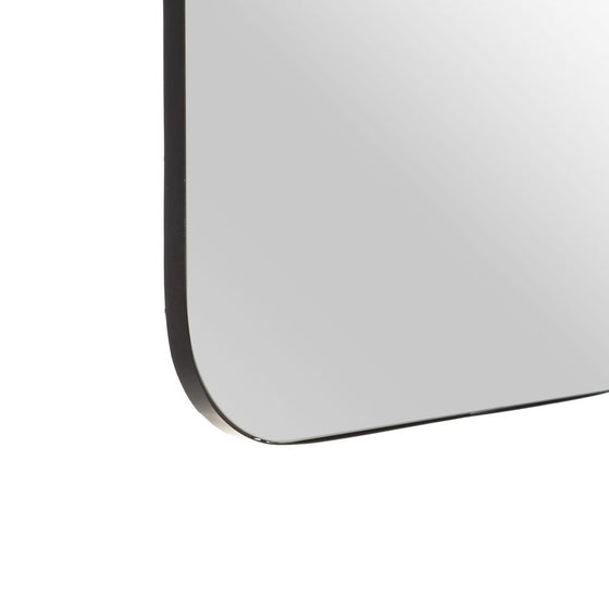 Un primer plano del Espejo metal cristal moderno Elegante revela su diseño rectangular negro con bordes redondeados y un marco delgado, agregando un toque de estilo moderno contra el fondo blanco.