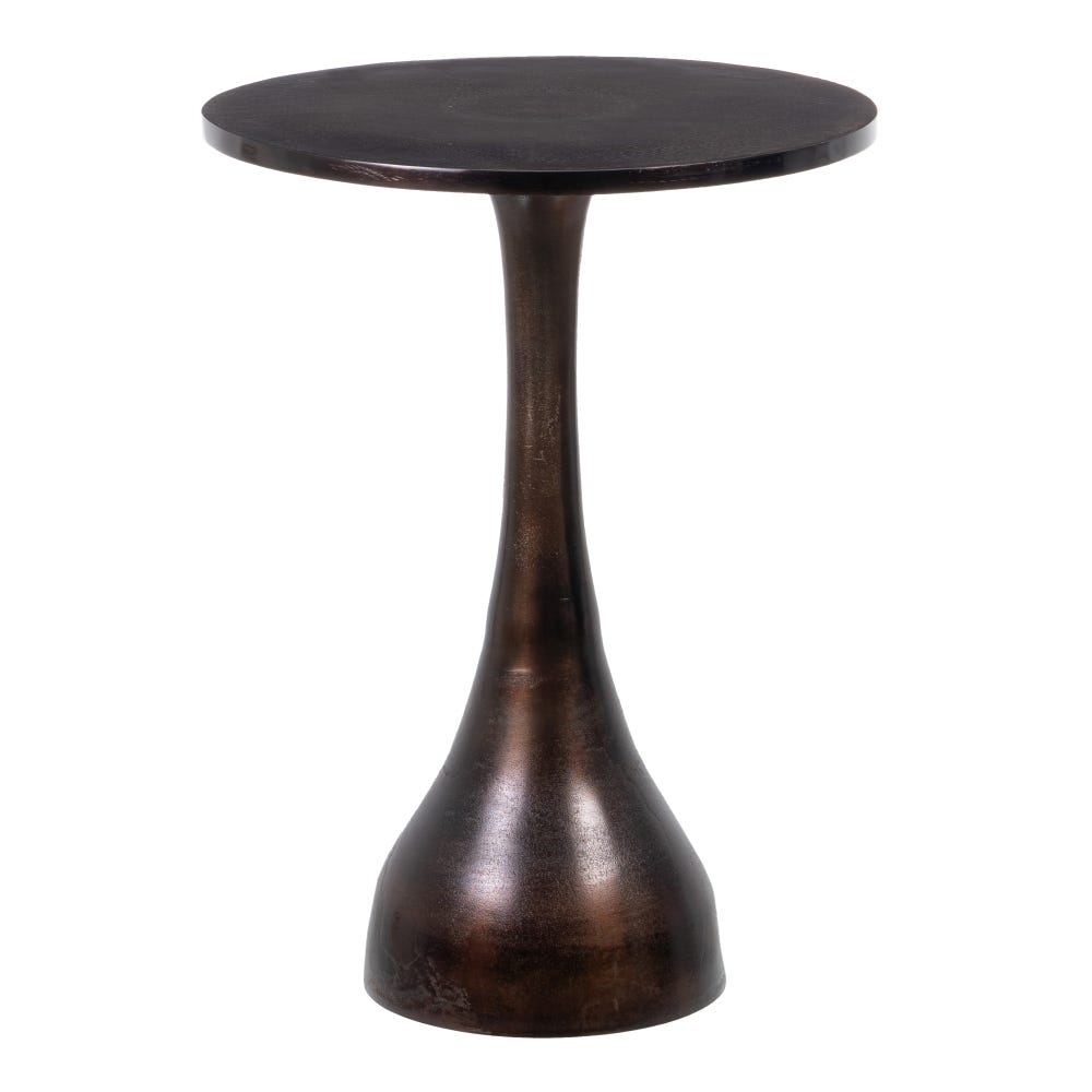 La Mesa auxiliar en Aluminio color cobre Kapra Ø45 es una mesa auxiliar elegante y moderna con un tablero redondo de madera oscura y una base de pedestal cónico simple acentuada con un elegante acabado de cobre.