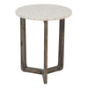 La Mesa auxiliar Redonda en Nácar y MDF Livira Ø45 cuenta con un tablero tipo piedra y patas trípode de madera, mostrando un diseño moderno que realza cualquier espacio.