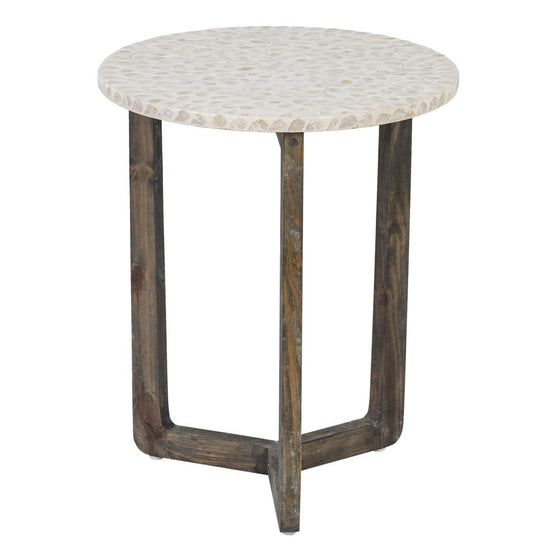 La Mesa auxiliar Redonda en Nácar y MDF Livira Ø45 cuenta con un tablero tipo piedra y patas trípode de madera, mostrando un diseño moderno que realza cualquier espacio.