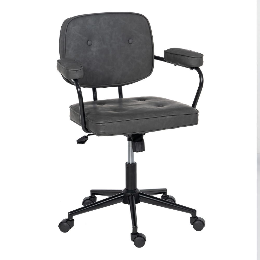 La Silla de Escritorio en Símil Piel y Metal Rudd es una silla de oficina negra con asiento y respaldo acolchados, apoyabrazos, base con ruedas y un diseño ergonómico para una mayor comodidad.