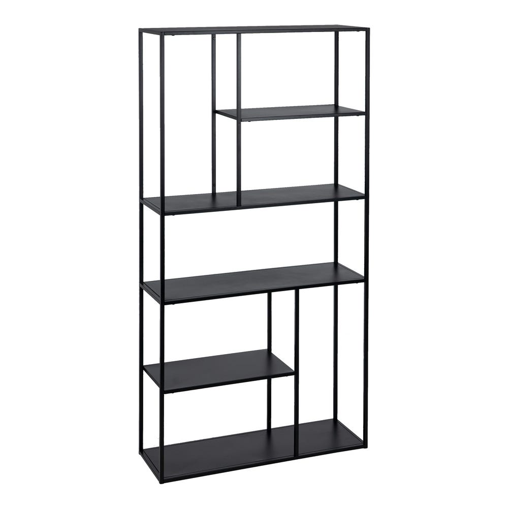 La Estantería Metálica Industrial Negro Square (Alta) es una estantería de metal negro con un diseño minimalista, que cuenta con cinco niveles de estantes de varios tamaños para un almacenamiento eficiente, incorporando un estilo industrial moderno y practicidad.