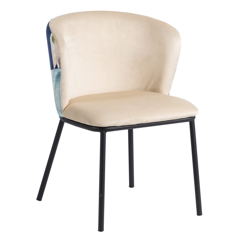 La Silla de Comedor en Tejido y Metal Abstracto presenta un estilo moderno con su color crema, respaldo redondeado, respaldo con estampado azul y patas de metal negro.