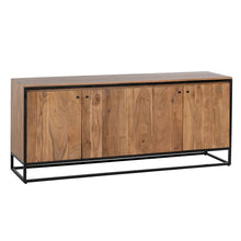  Aparador en Madera de Acacia Heo: Un aparador de madera de cuatro puertas, con acabado en madera de acacia natural y un elegante marco de metal negro, ideal para un estilo industrial.