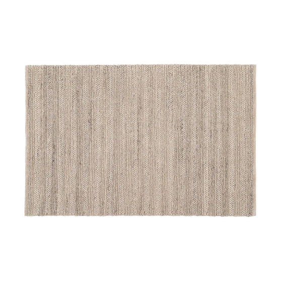 La Alfombra en Yute y Algodón Taupe Amanecer presenta una textura beige claro con rayas verticales tejidas sobre un fondo blanco, ideal para realzar cualquier decoración de interiores.