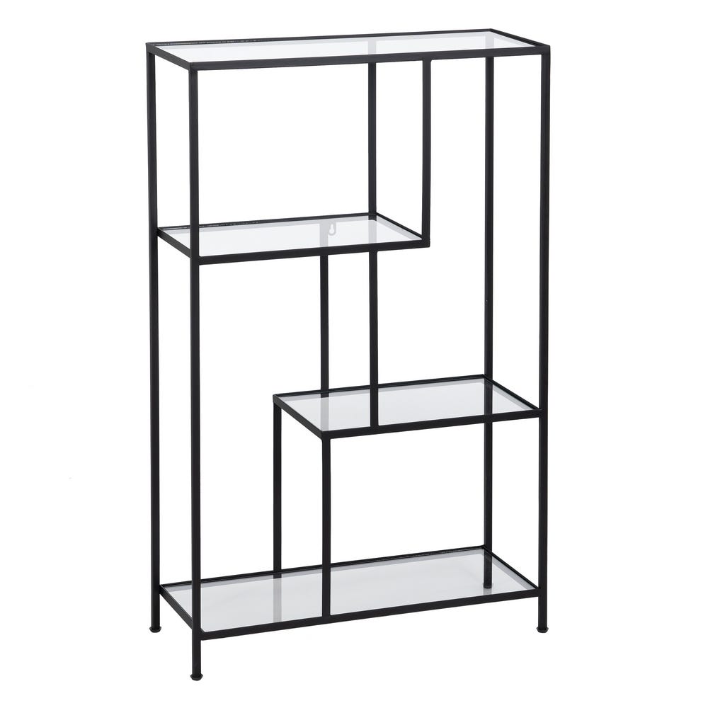 La Estantería Moderna Pequeña en Metal y Cristal Square es una elegante estantería de diseño industrial, que cuenta con cuatro estantes escalonados de metal negro y vidrio de diferentes alturas y longitudes, ideales para un almacenamiento eficiente.