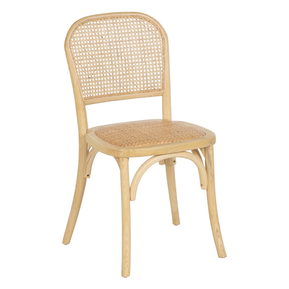 La Silla de comedor en Madera y Ratán Norma es una elegante silla de madera elaborada con madera de olmo duradera con un respaldo curvado y un asiento de ratán tejido.