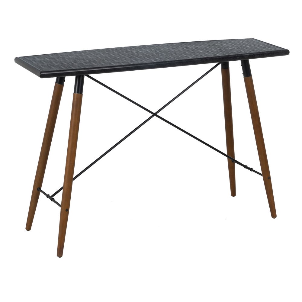 La consola en DM y metal Oslo es una mesa rectangular estrecha y moderna con tablero de textura oscura y patas de madera marrón, con barras transversales de metal negro como soporte. Fabricada con materiales de alta calidad, combina estilo y durabilidad a la perfección.