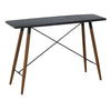 La consola en DM y metal Oslo es una mesa rectangular estrecha y moderna con tablero de textura oscura y patas de madera marrón, con barras transversales de metal negro como soporte. Fabricada con materiales de alta calidad, combina estilo y durabilidad a la perfección.