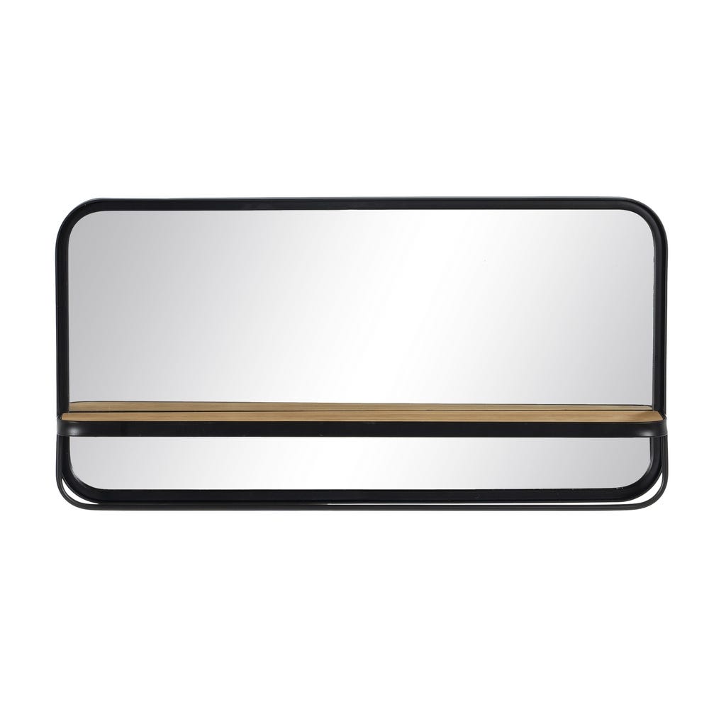 El Espejo Perchero Negro en Madera y Metal - Aura es un espejo de pared rectangular con marco de metal negro y un estante de madera integrado, que ofrece un estilo industrial que realza cualquier decoración moderna.