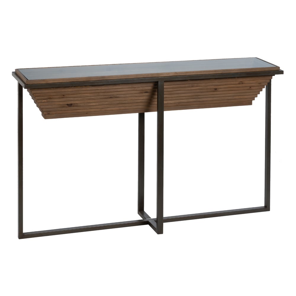 La "Consola en Madera de Abeto y Metal Tessa" es una moderna mesa consola con un diseño de madera único, que cuenta con una tapa de cristal y patas de metal resistentes.