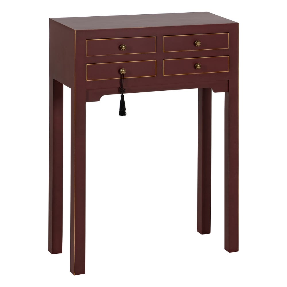 La Consola Estilo Vintage de DM Teja Melia es una sofisticada mesa pequeña de madera, con detalles dorados, dos cajones con tiradores de borlas negras y cuatro patas rectas. Su diseño vintage añade elegancia y encanto a cualquier estancia.