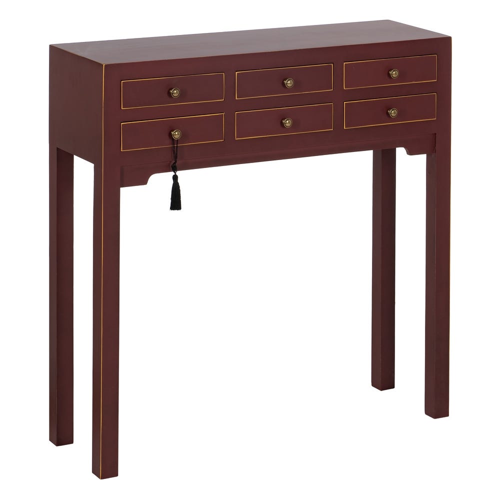 La consola estilo vintage de DM Teja Melia cuenta con seis cajones pequeños con tiradores de latón, una borla decorativa negra en un cajón y se apoya elegantemente sobre cuatro patas rectas. Su diseño angosto de madera oscura irradia encanto y sofisticación.