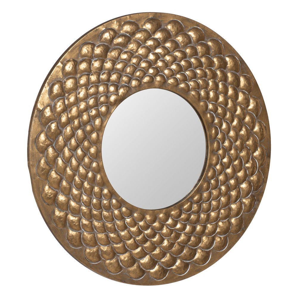 El Espejo de hierro dorado contemporáneo Círculo es un espejo decorativo redondo con un ornamentado marco dorado texturizado que asemeja escamas superpuestas, ideal para añadir un toque de diseño contemporáneo a tu decoración del hogar.
