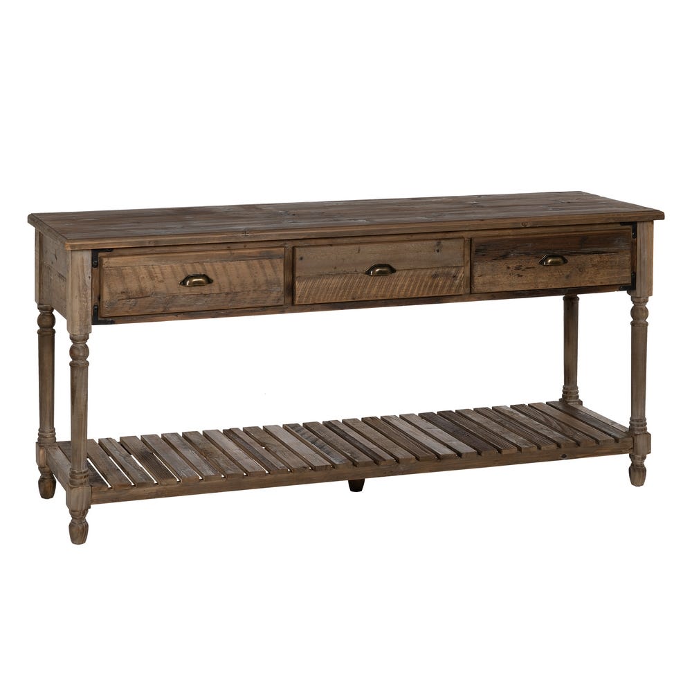 La Consola en Madera de Abeto Morga es una consola de madera rústica con tres cajones y un estante inferior de listones, ideal para el almacenamiento del hogar.