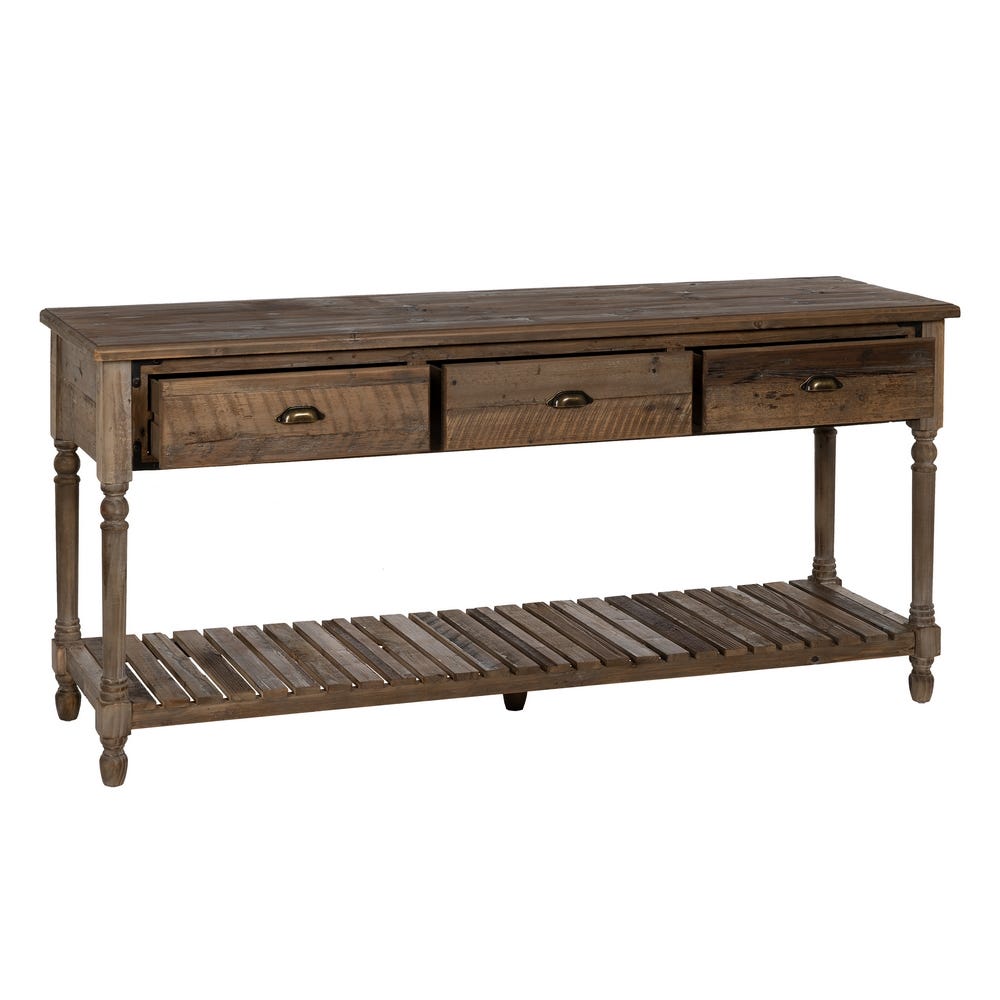 La Consola en Madera de Abeto Morga cuenta con tres cajones, un estante inferior de listones para almacenamiento en el hogar y un diseño rústico con un acabado encantador y patas decorativas.