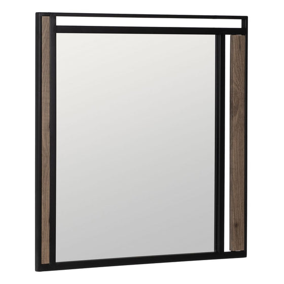 El Espejo Cuadrado de Metal Negro y Vinilo Pino Natural presenta un marco de metal negro con dos tiras de vinilo de pino, ofreciendo una decoración elegante que combina a la perfección con cualquier espacio de diseño contemporáneo.