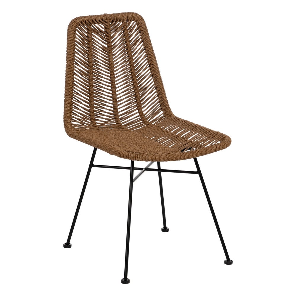 La Silla de Comedor en Polietileno y Acero Natur cuenta con un asiento y respaldo tejido marrón sobre elegantes patas de metal negro, que encarna el estilo moderno.