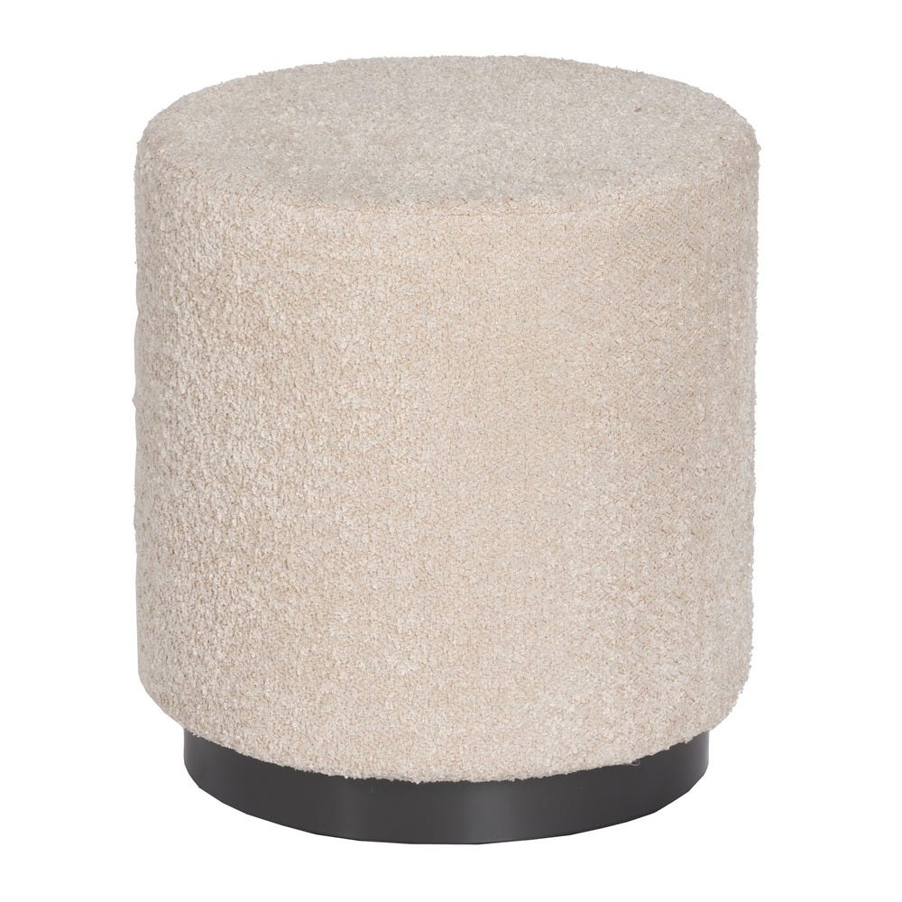 El Puf Redondo en Borreguito Cylia cuenta con un diseño texturizado beige sobre una elegante base negra, combinando el estilo contemporáneo con comodidad y estilo.