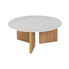 La Mesa de centro redonda Ø80 Turia cuenta con una duradera tapa de cerámica similar al mármol blanco y una robusta base de madera, combinando un diseño elegante y una superficie duradera y resistente.