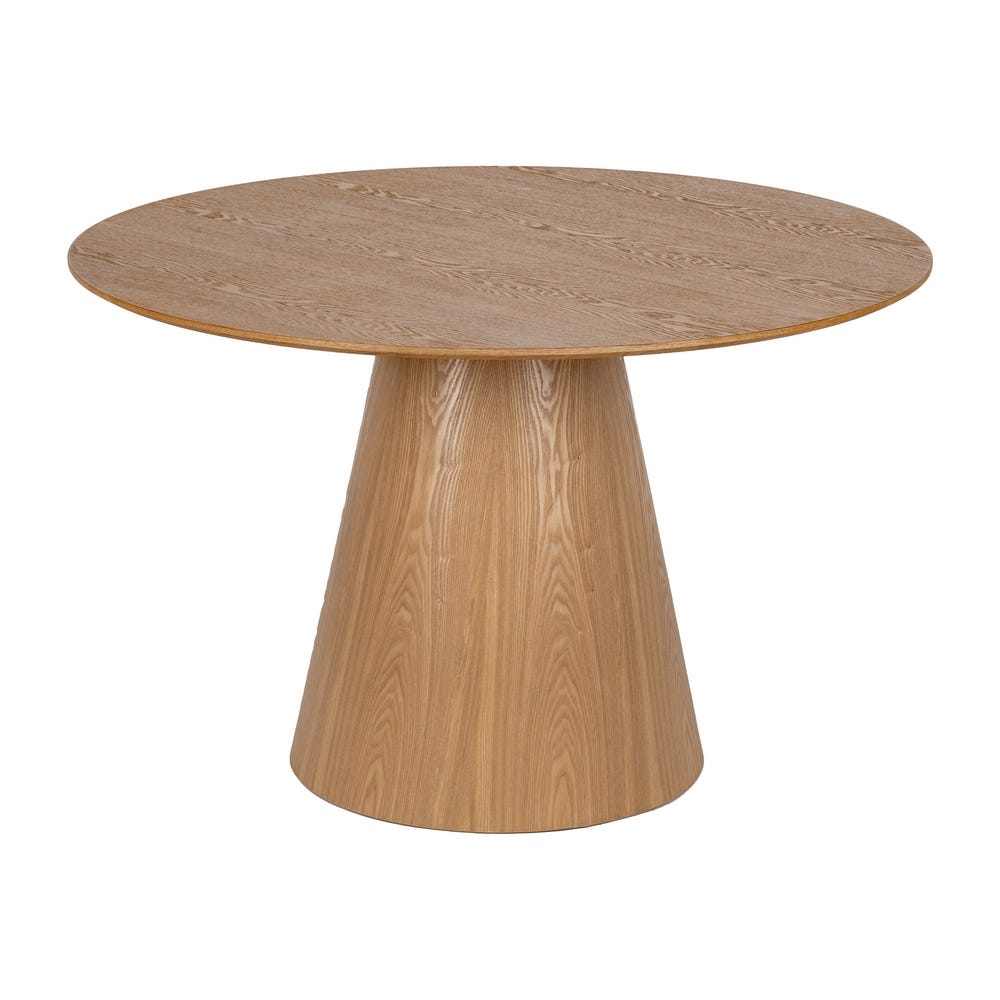 Mesa de comedor redonda con base cónica y tablero liso, realizada en estilo moderno con MDF de alta calidad y madera Misso, denominada "Mesa de comedor redonda (Ø120) en DM y Madera Misso".