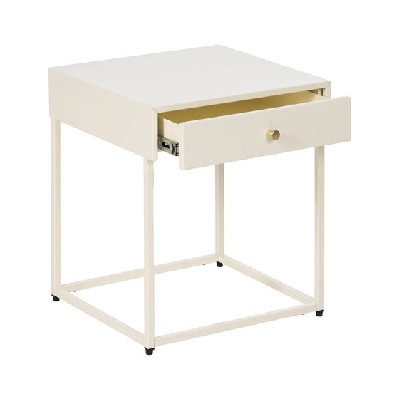 La Mesita de Noche Acero Industrial MET es una mesa auxiliar minimalista de color beige que presenta un solo cajón abierto con un pomo redondo, colocado sobre un marco de acero industrial con cuatro patas, que incorpora un elegante diseño contemporáneo.