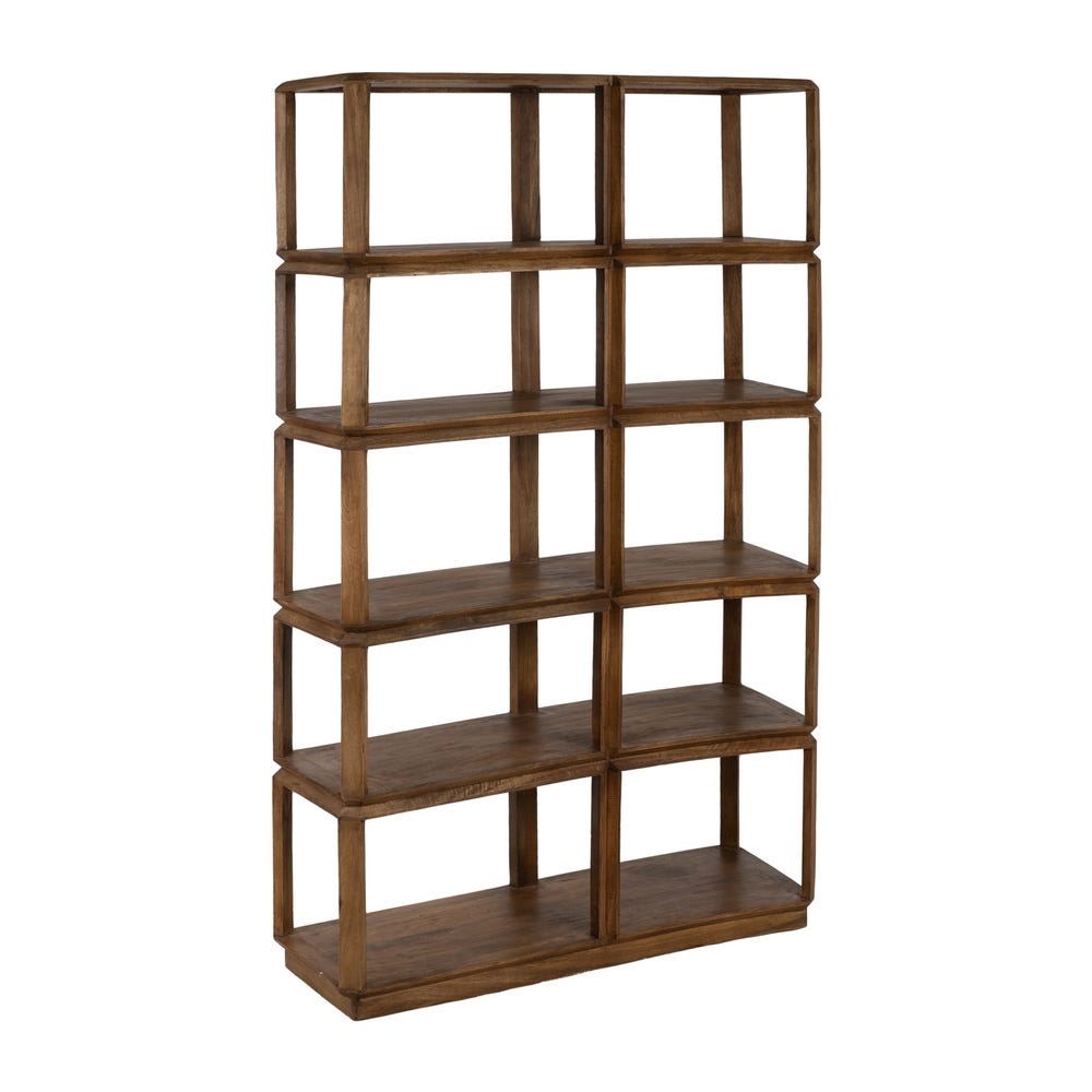 La Estantería Vertical en Madera de Mango Rigo presenta un diseño en forma de rejilla con tres columnas y cinco filas para un espacio de almacenamiento óptimo.