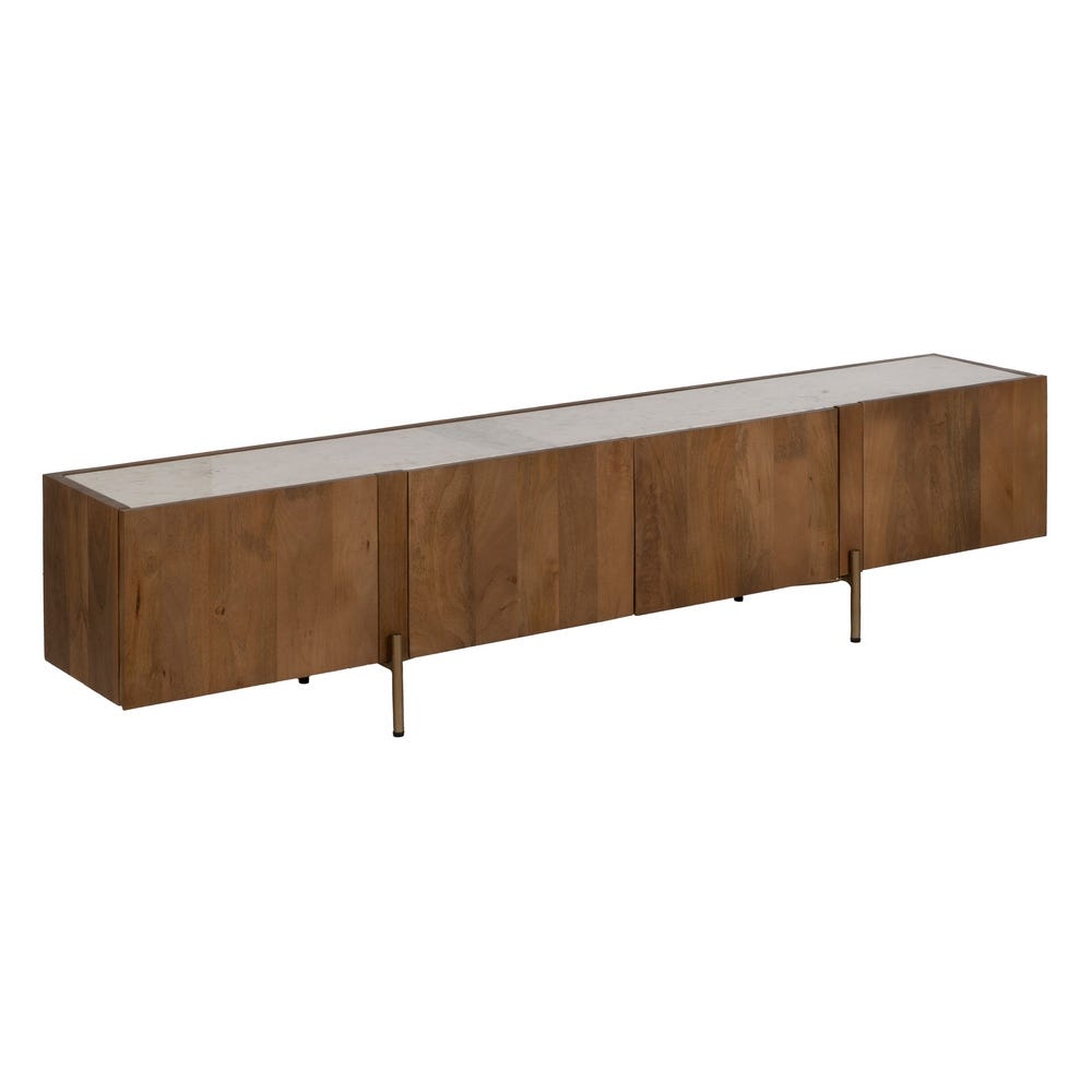 El Mueble TV en mármol y madera de acacia Versailles es un elegante aparador de madera con un diseño minimalista, que combina mármol y madera, que cuenta con cuatro puertas y esbeltas patas de metal.