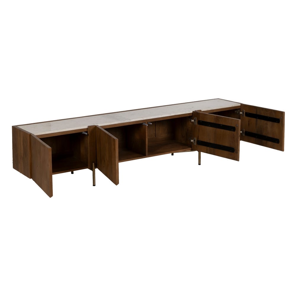 El Mueble TV en mármol y madera de acacia Versailles presenta un diseño minimalista con una elegante superficie de mármol, complementada por ocho puertas abiertas que ofrecen prácticos compartimentos de almacenamiento.