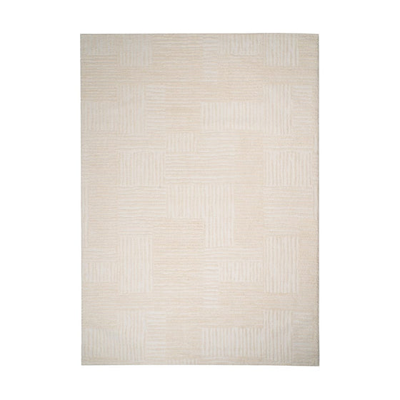 La Alfombra en Poliéster y Yute Beige Albor es una alfombra rectangular de color beige con un sutil estampado geométrico, ideal para la decoración del hogar.