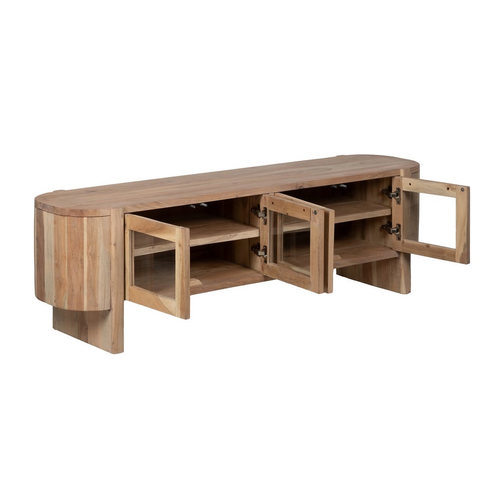 El Mueble TV madera acacia y cristal Creel es un mueble de madera con tapa redondeada y puertas frontales abiertas que revelan estantes, elaborado con elegante madera de acacia para un toque natural.