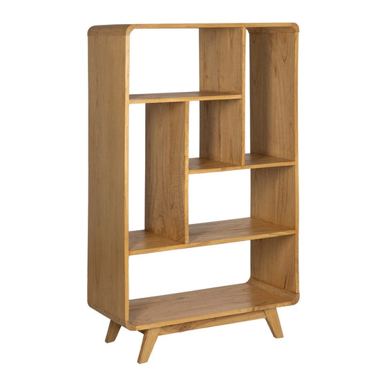 La estantería moderna en madera mindi Modigo es una estantería de madera de alta calidad con cinco estantes variados y un diseño moderno de mediados de siglo. Sus patas en ángulo complementan cualquier decoración minimalista y agregan un toque elegante a cualquier habitación.