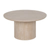 La Mesa de Centro en DM y Piedra Sinterizada Beige Odel presenta un diseño redondo de madera con una base cilíndrica estriada y un tablero liso, todo en un elegante acabado de piedra beige.