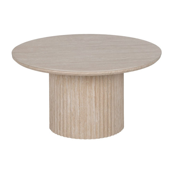La Mesa de Centro en DM y Piedra Sinterizada Beige Odel presenta un diseño redondo de madera con una base cilíndrica estriada y un tablero liso, todo en un elegante acabado de piedra beige.