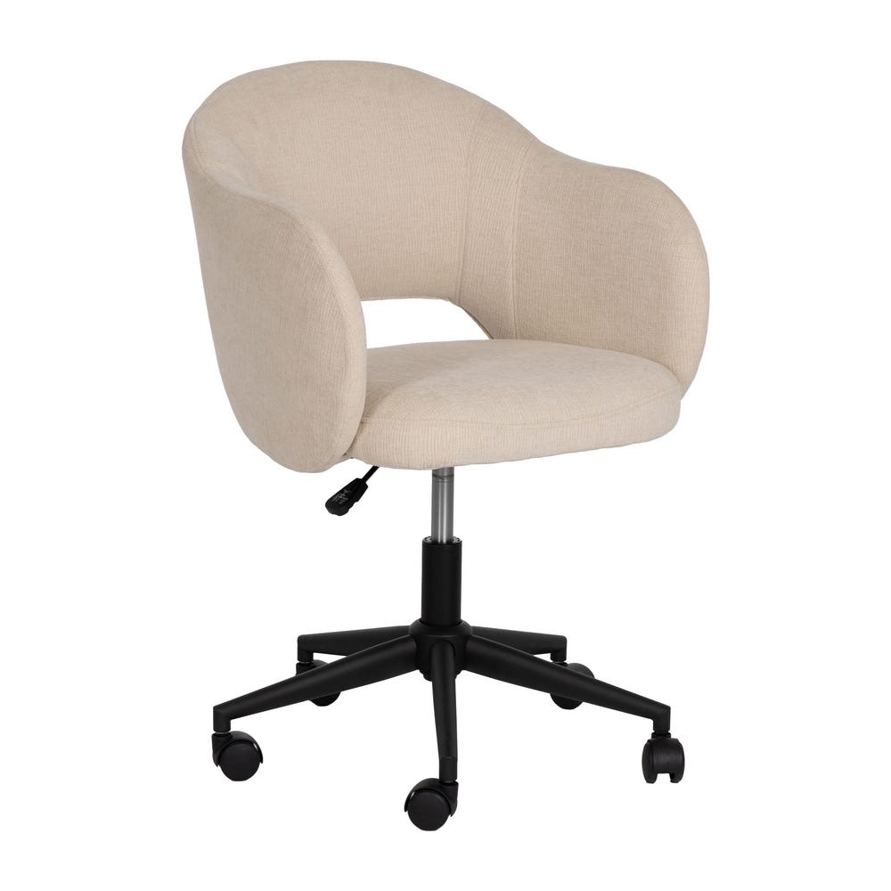 Disfrute de la máxima comodidad con la "Silla de escritorio en borreguito Suzy" beige, que cuenta con un respaldo curvo y una elegante base con ruedas en color negro. Su diseño moderno combina estilo y funcionalidad, perfecto para cualquier espacio de trabajo.