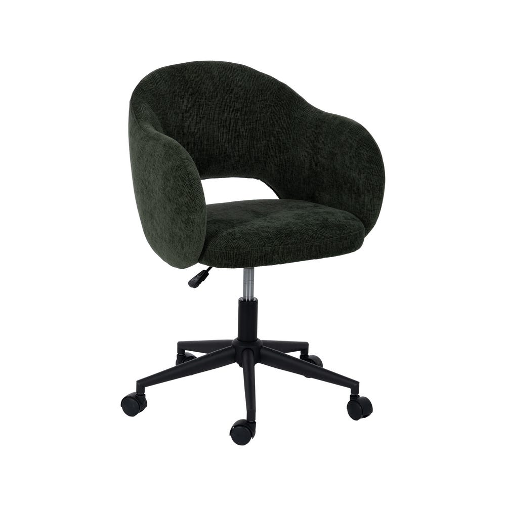 La Silla de Escritorio en Borreguito Suzy presenta un moderno diseño giratorio tapizado en verde, un respaldo curvo ergonómico, un asiento acolchado, altura ajustable y descansa sobre una base de cinco ruedas negra.