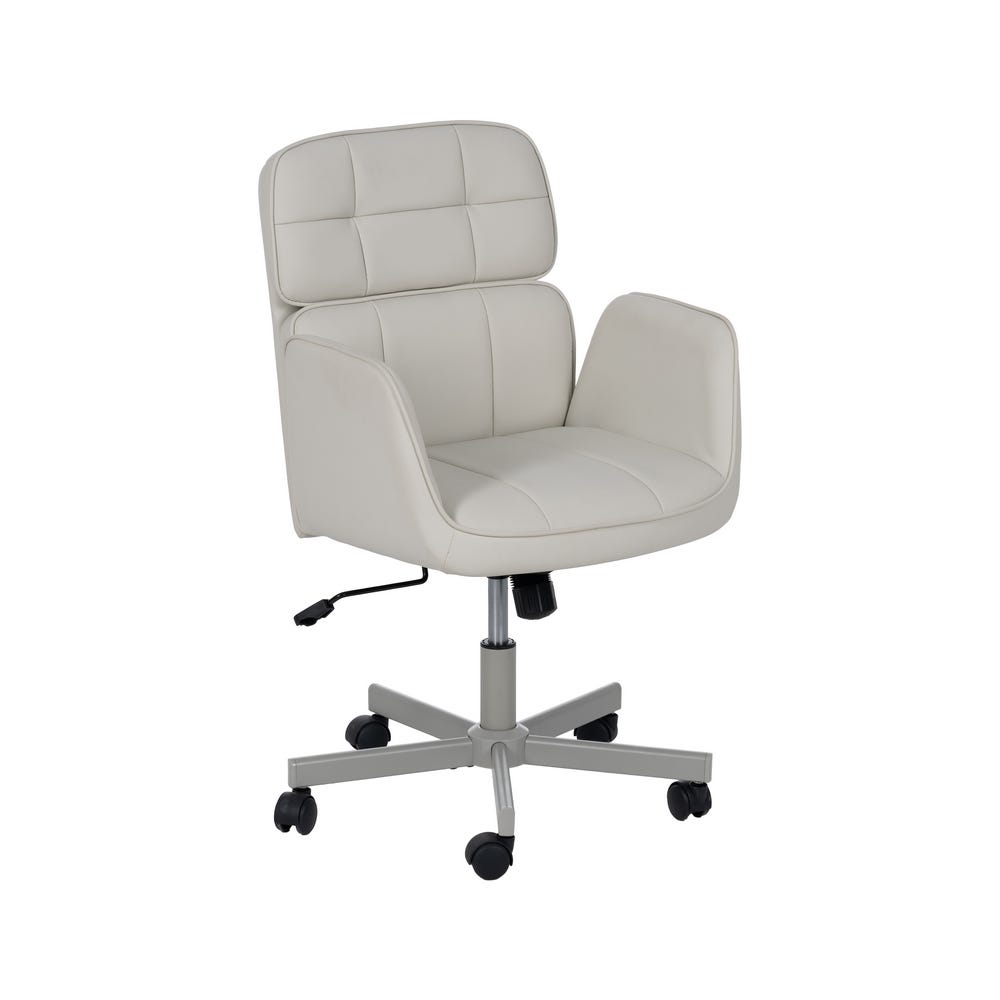 La Silla de Oficina en Símil Piel con Ruedas Wiil presenta un elegante diseño blanco, cómodos reposabrazos y una base de metal con ruedas de nailon para fácil desplazamiento.