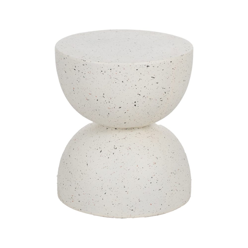 La mesa auxiliar redonda en fibra de magnesio Rufan Ø40 presenta un diseño moderno con formas redondeadas y moteadas de blanco que recuerdan a un cuenco. Fabricada en fibra de magnesio, funciona también como un taburete elegante y personifica el diseño moderno.